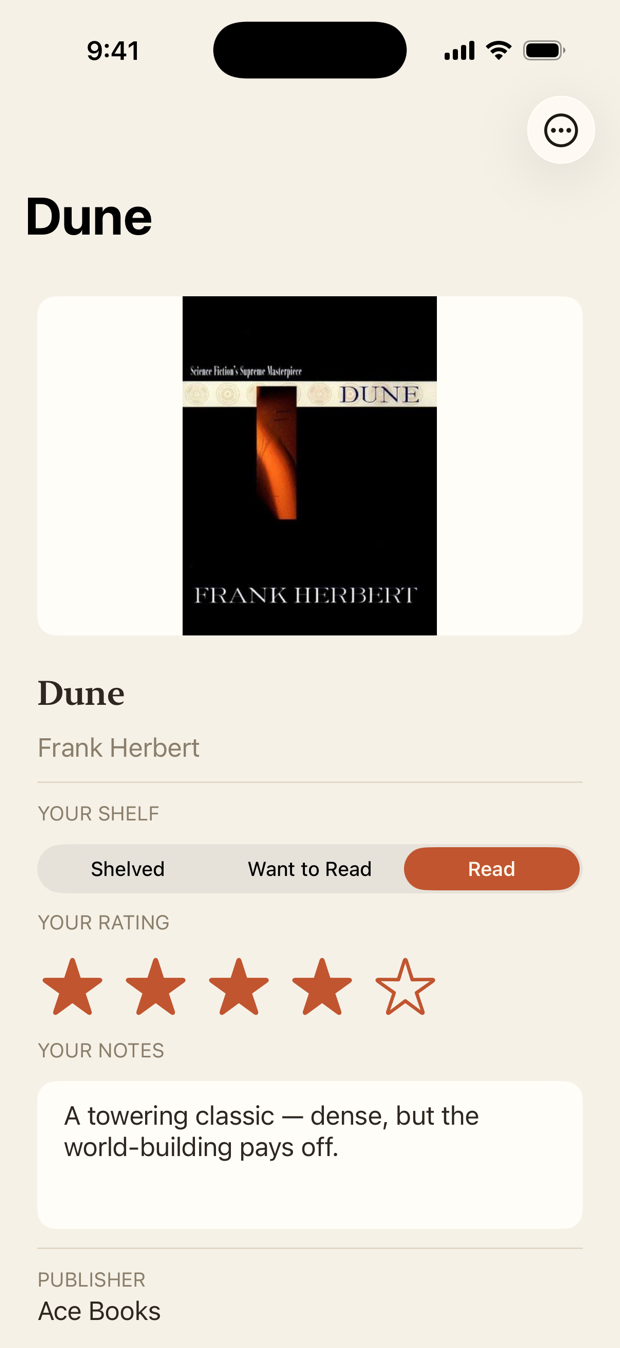 Book detail with rating and notes