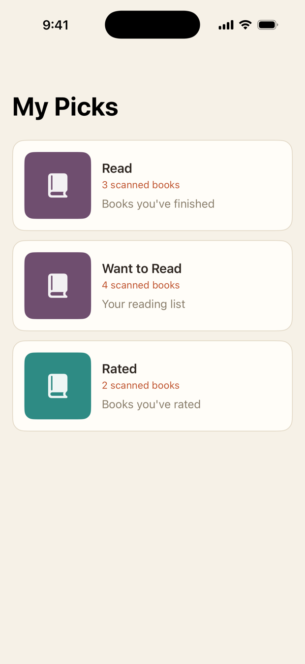 My Picks shelves — Read, Want to Read and Rated