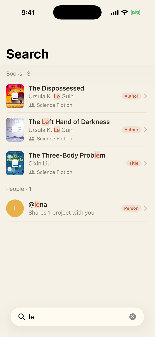 Global search across books, projects and people with matches highlighted